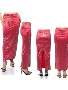 AKIRA Decision Maker Rhinestone Embellished Diamante Sparkly Maxi Skirt in Red L